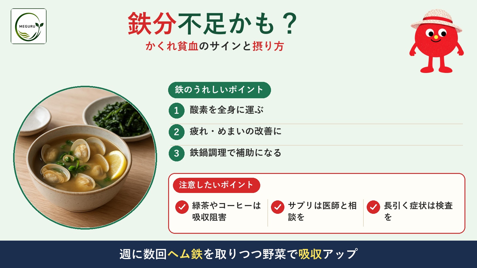 その疲れ、鉄分不足かも？「かくれ貧血」のサインと鉄の多い食品を管理栄養士が解説