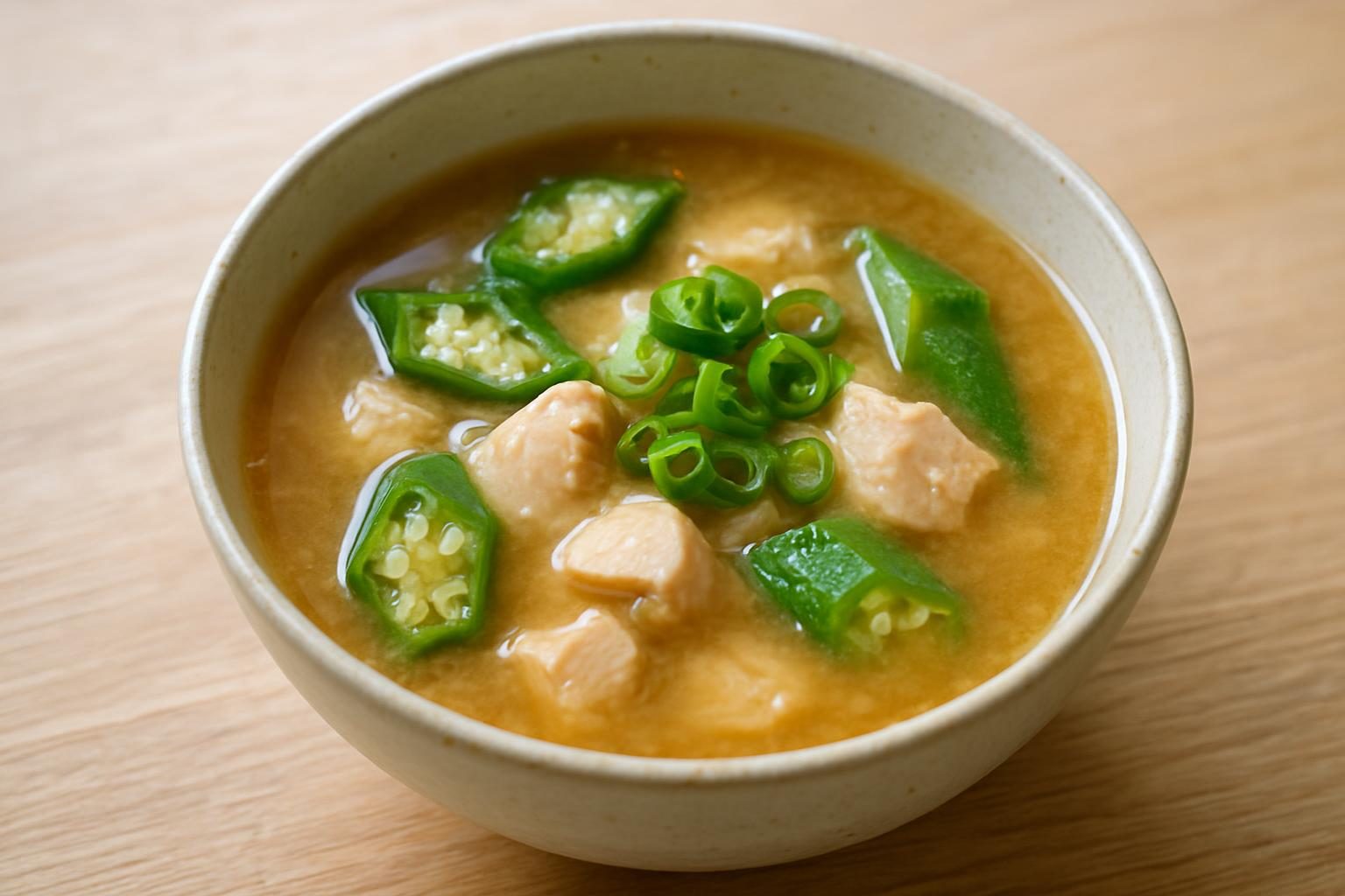 オクラと鶏むね肉のみそ汁