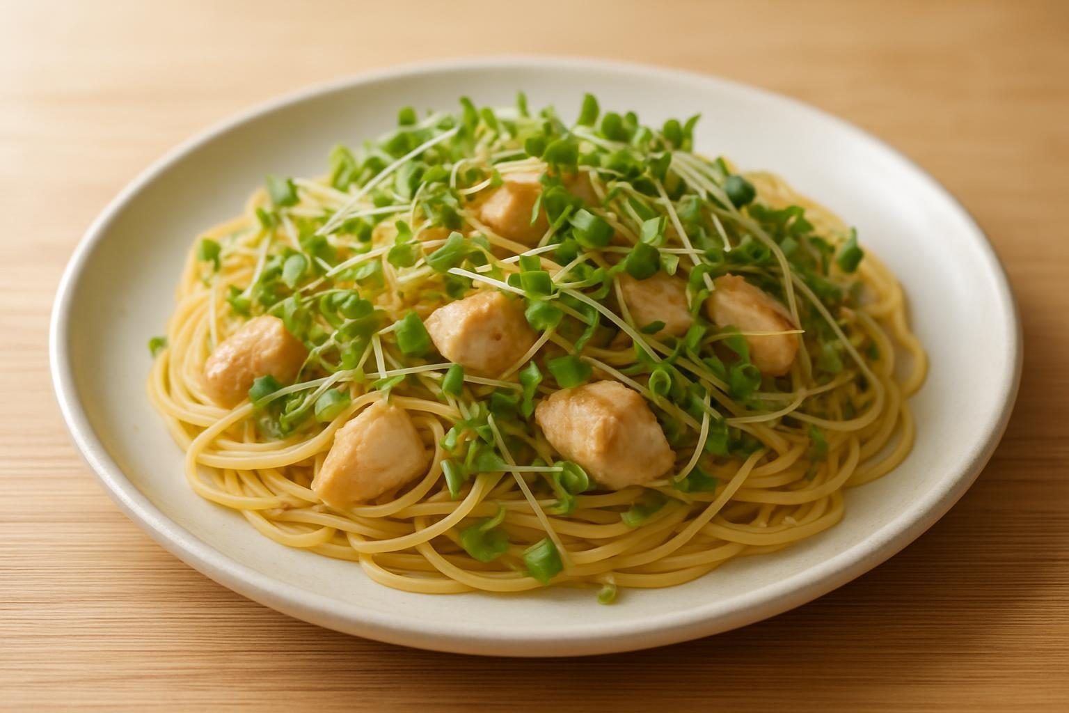 ブロッコリースプラウトと鶏むね肉のパスタ