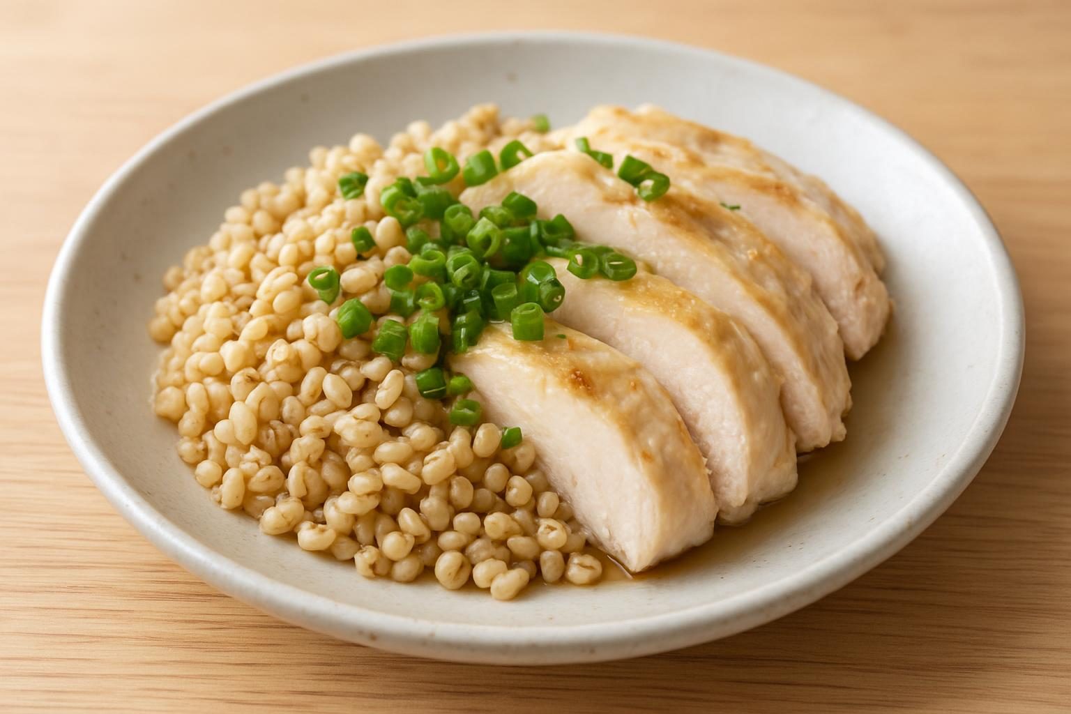 もち麦と鶏むね肉のレンジ蒸し