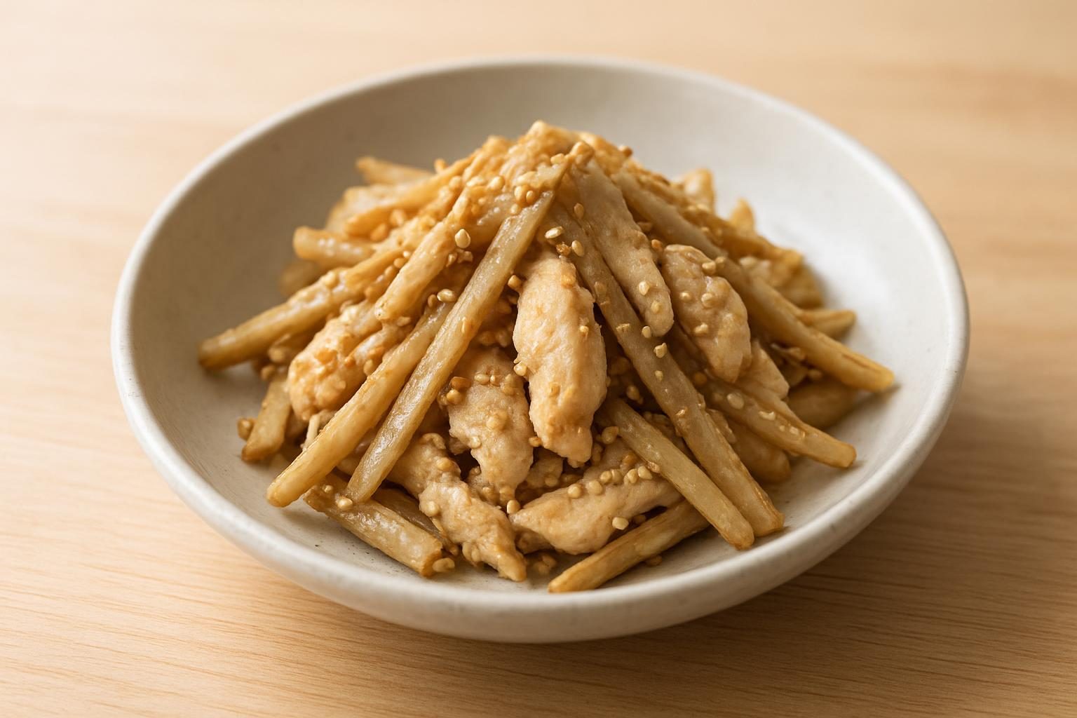 ごぼうと鶏むね肉のごま和え