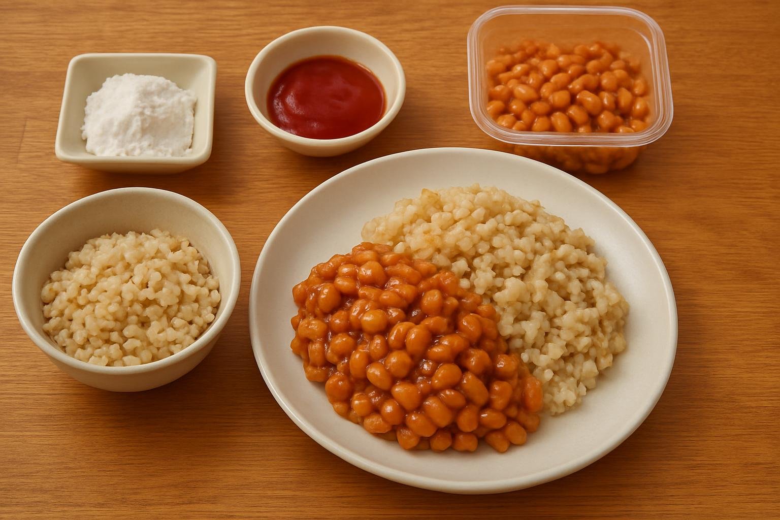玄米ごはんと納豆の甘酢炒め