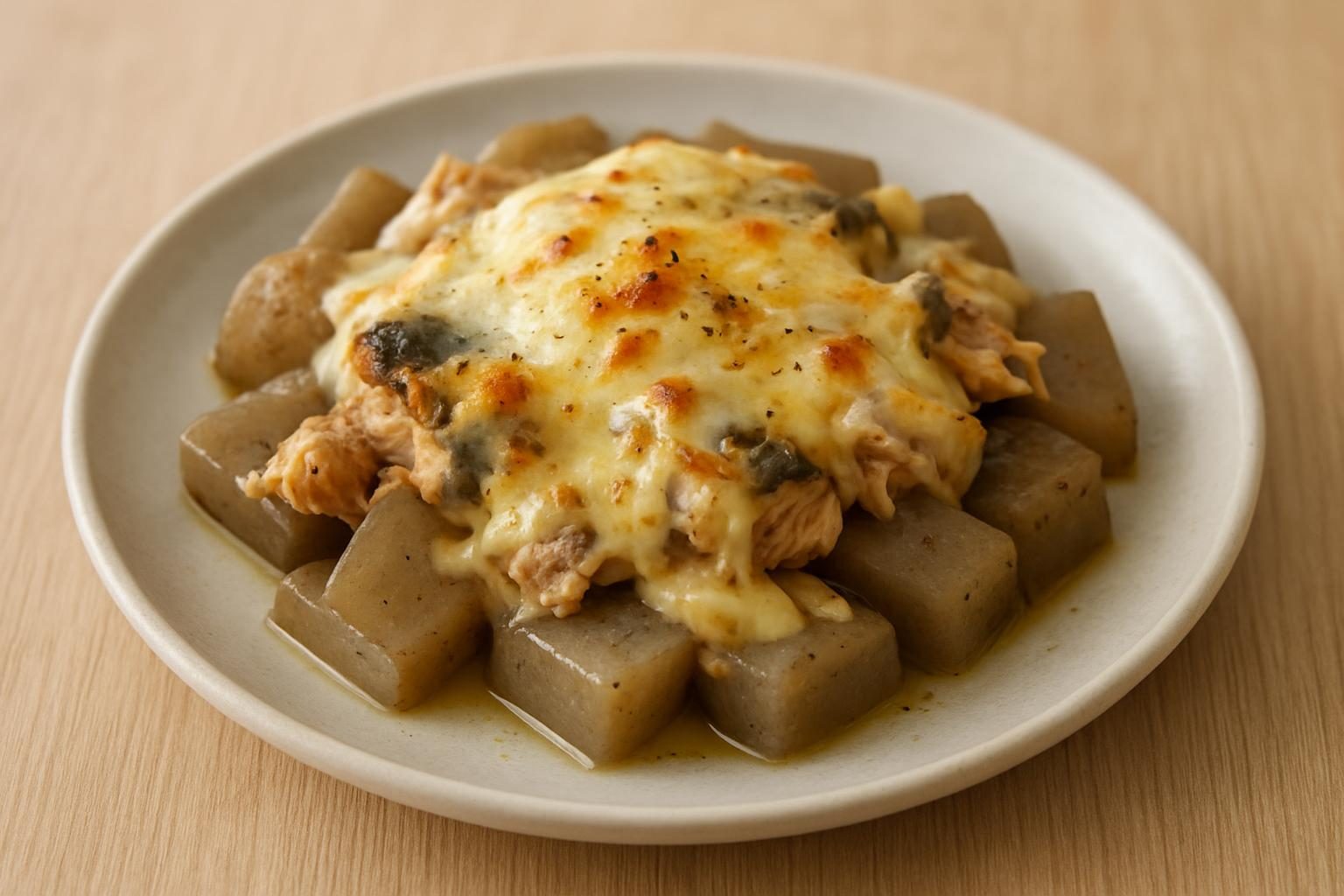 こんにゃくとサバ缶のチーズ焼き