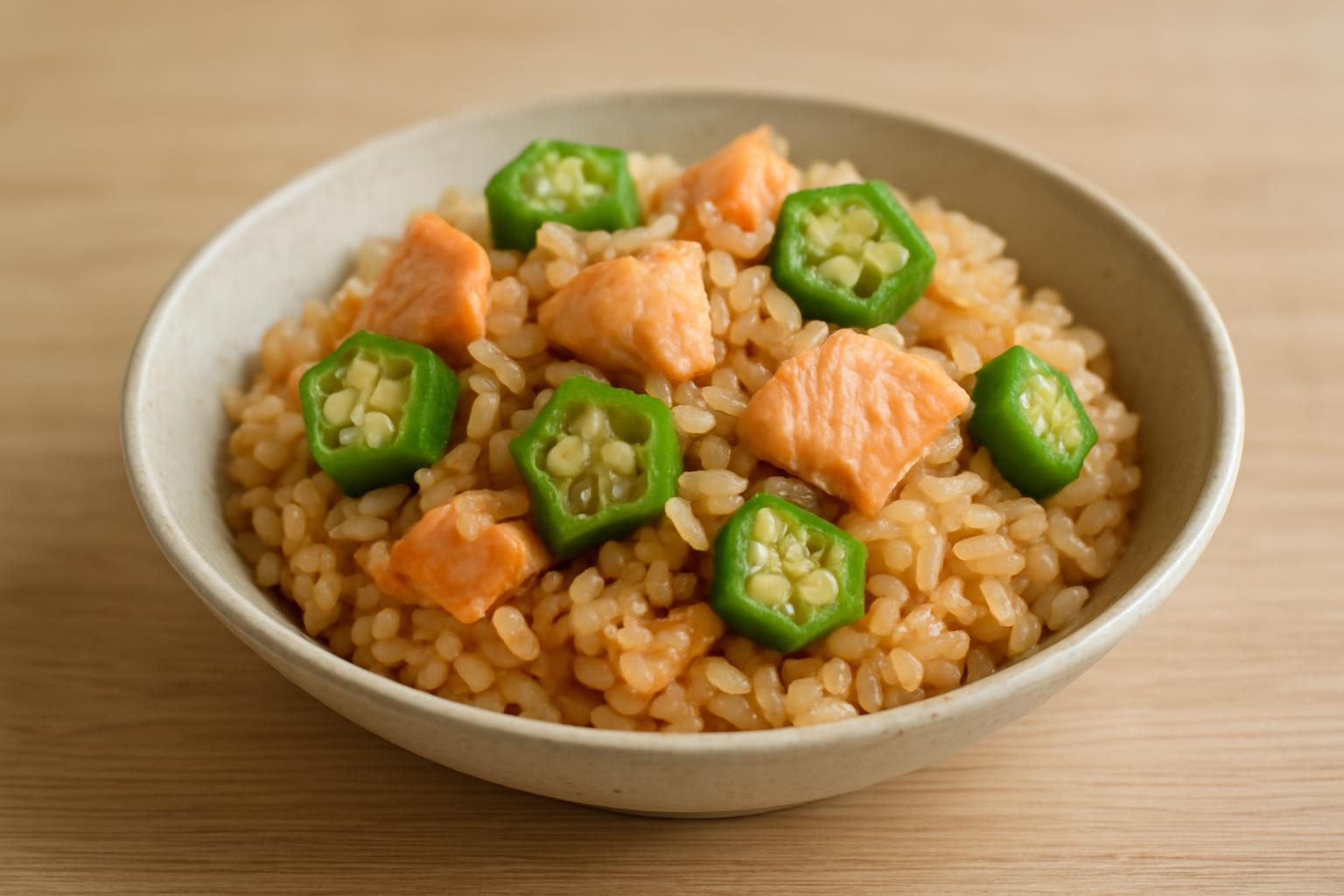 オクラとサーモンの炊き込みご飯