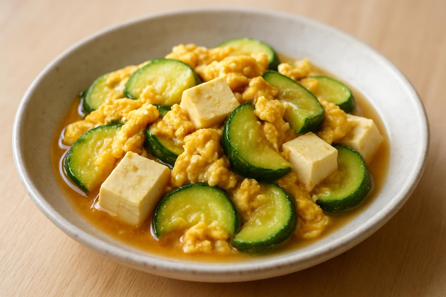 ズッキーニと豆腐のレンジ卵とじ