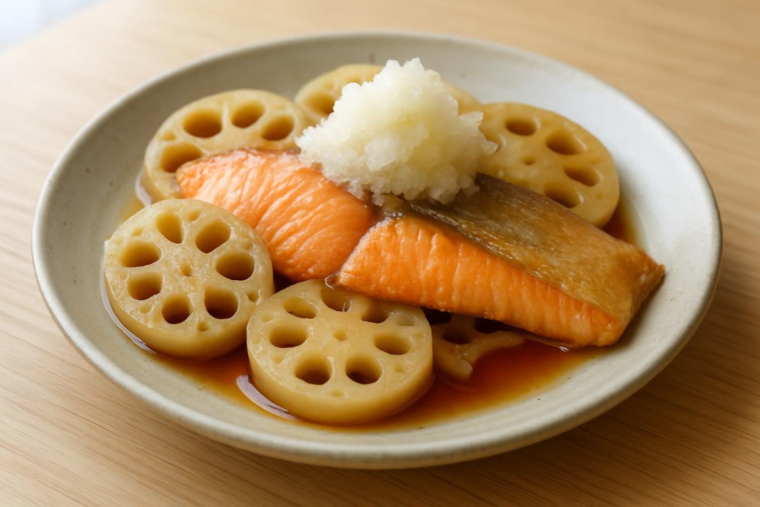 れんこんと鮭のレンジポン酢蒸し