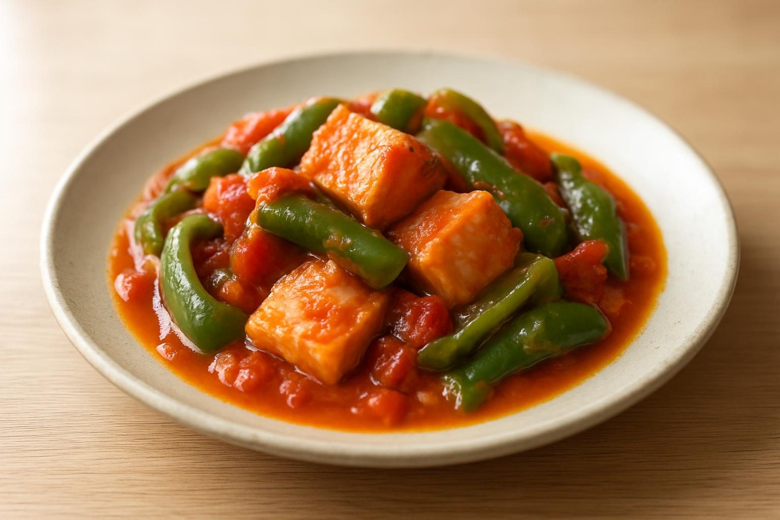 ピーマンと鮭のレンジトマト煮