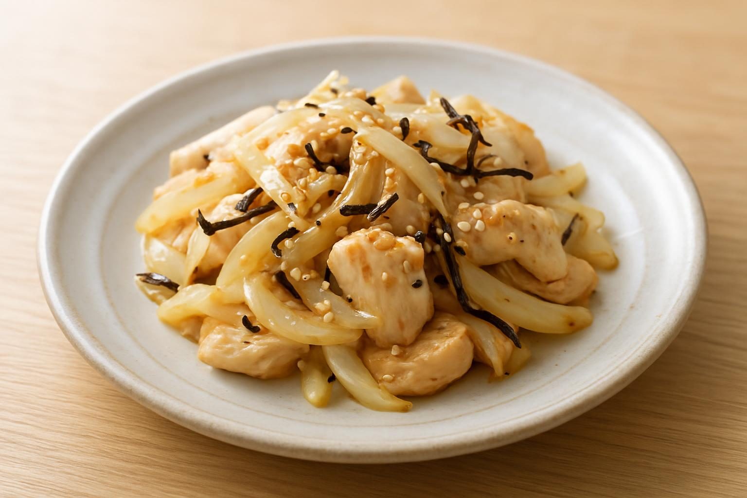 玉ねぎと鶏むね肉のレンジ塩昆布和え