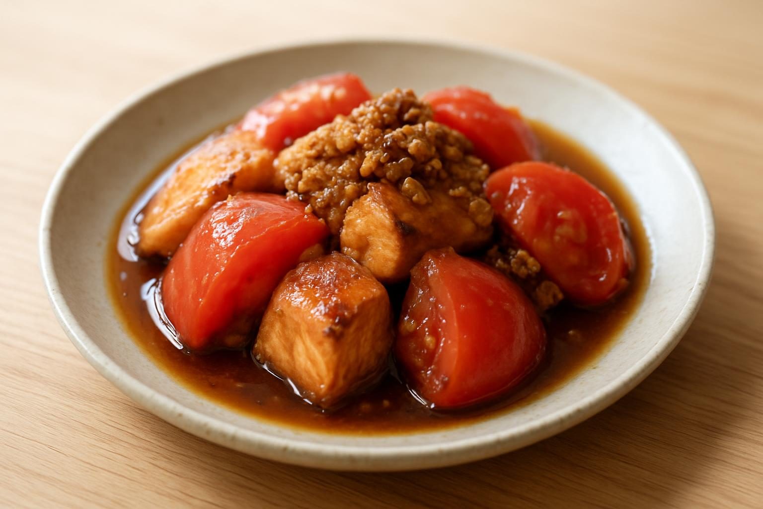 トマトと鮭のレンジ甘辛そぼろ煮
