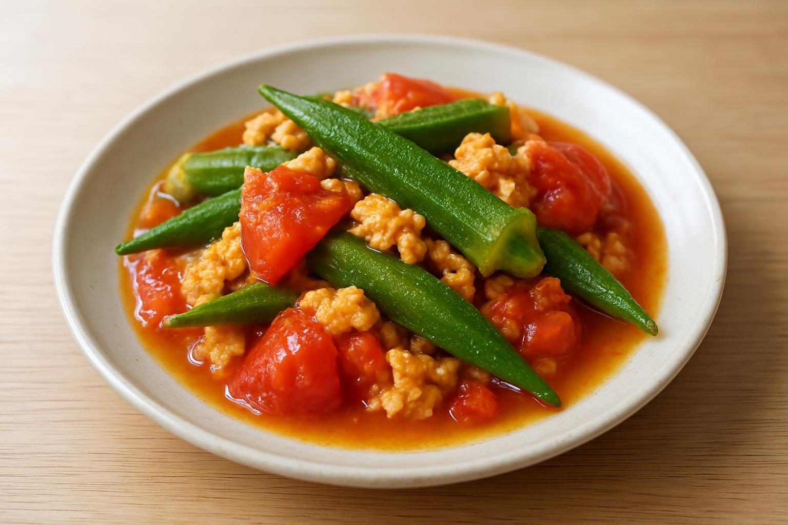 オクラと卵のレンジトマト煮