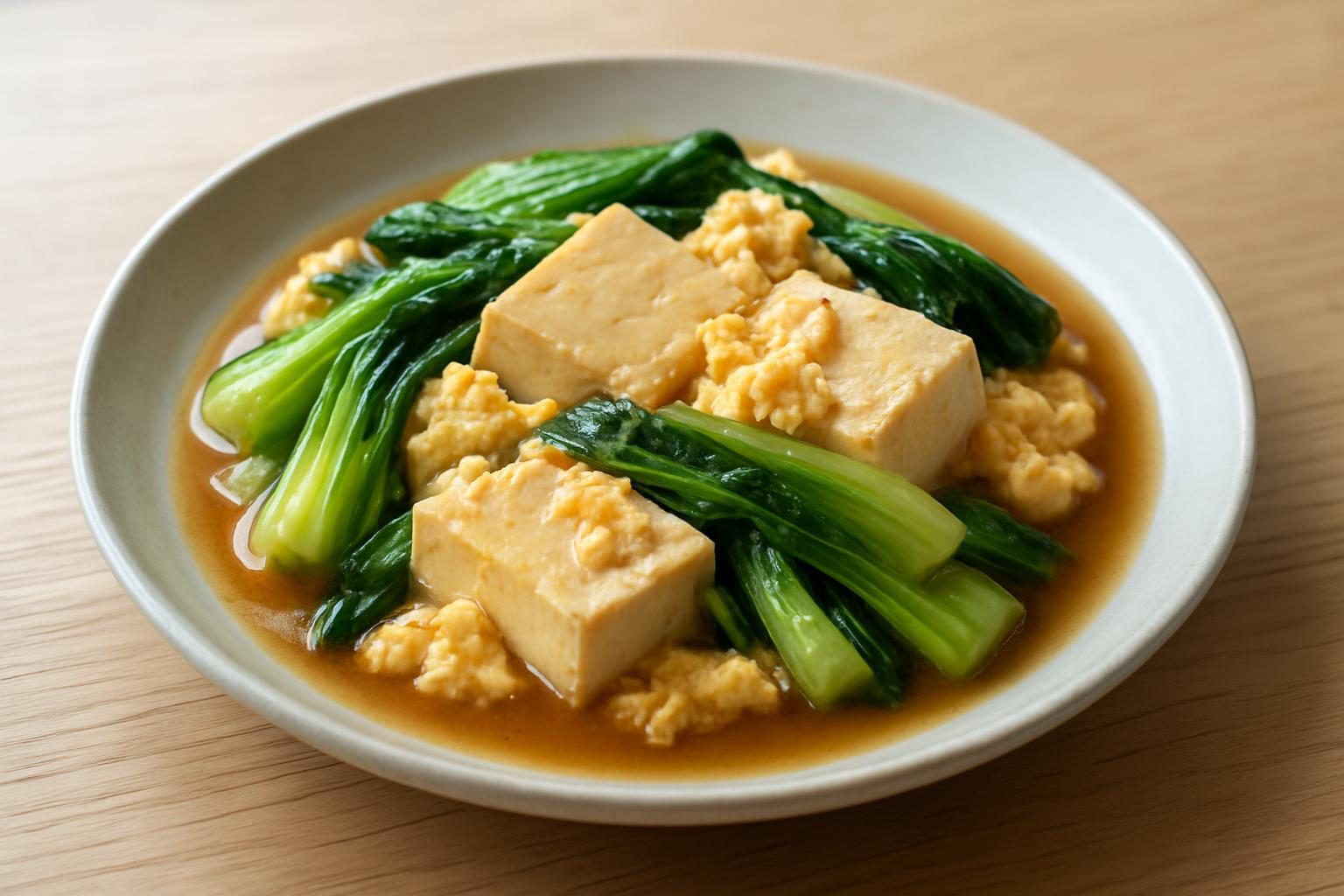 チンゲン菜と豆腐のレンジ親子煮