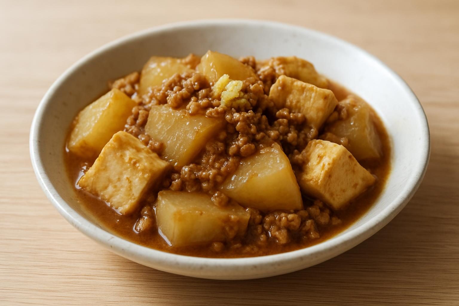 大根と豆腐のレンジ甘辛そぼろ煮