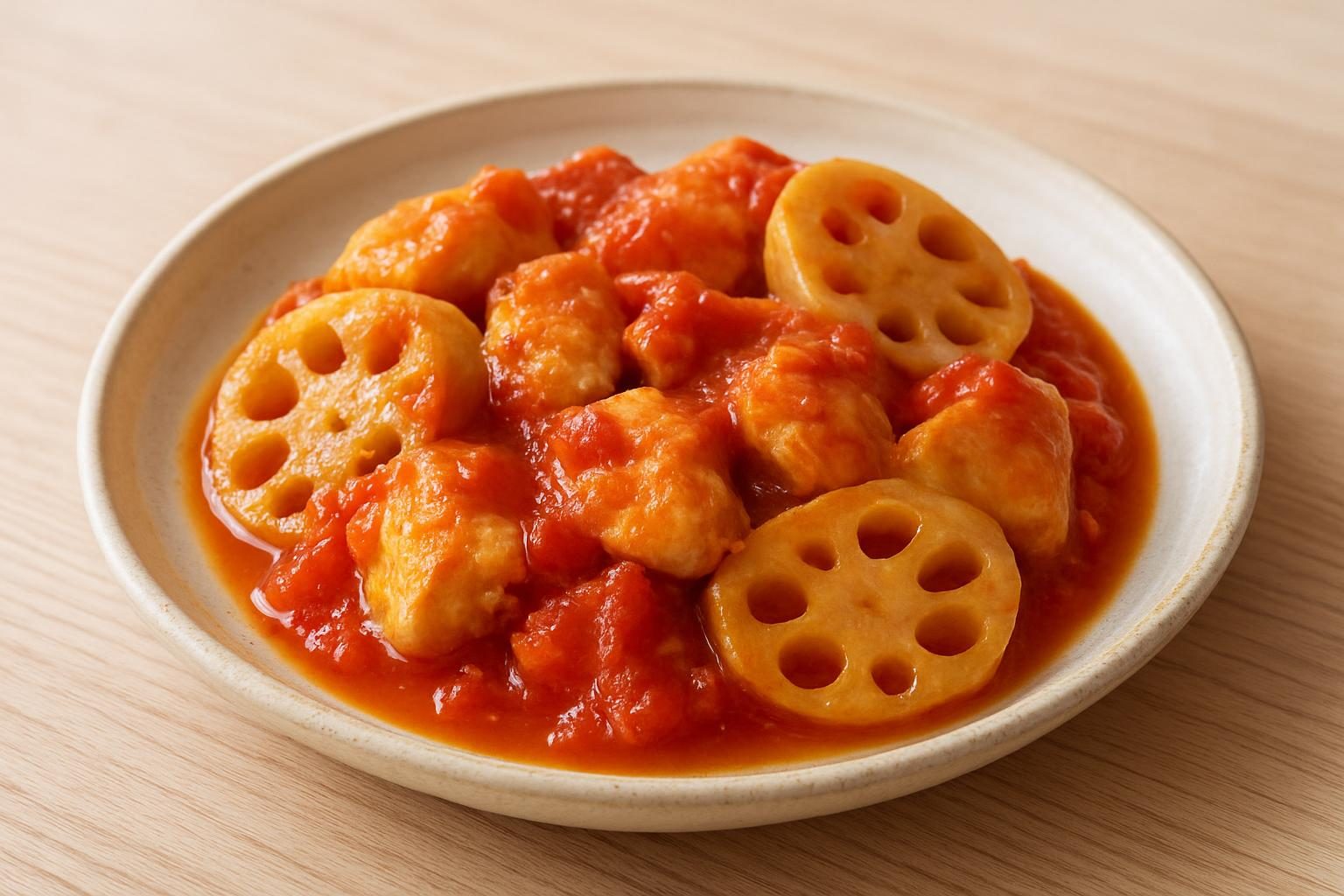 れんこんと鶏むね肉のレンジトマト煮