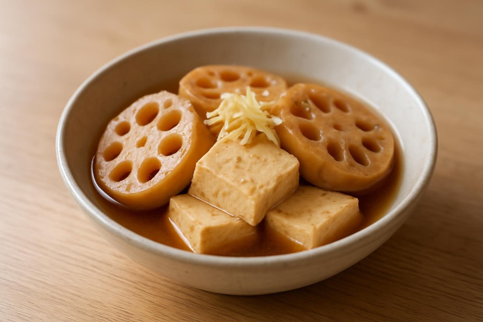 れんこんと豆腐のレンジめんつゆ煮
