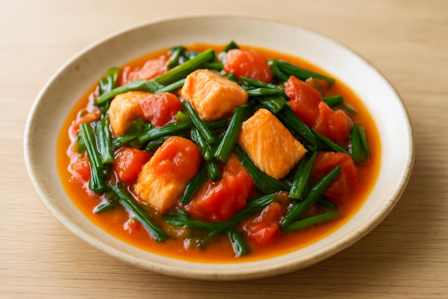 ニラと鮭のレンジトマト煮