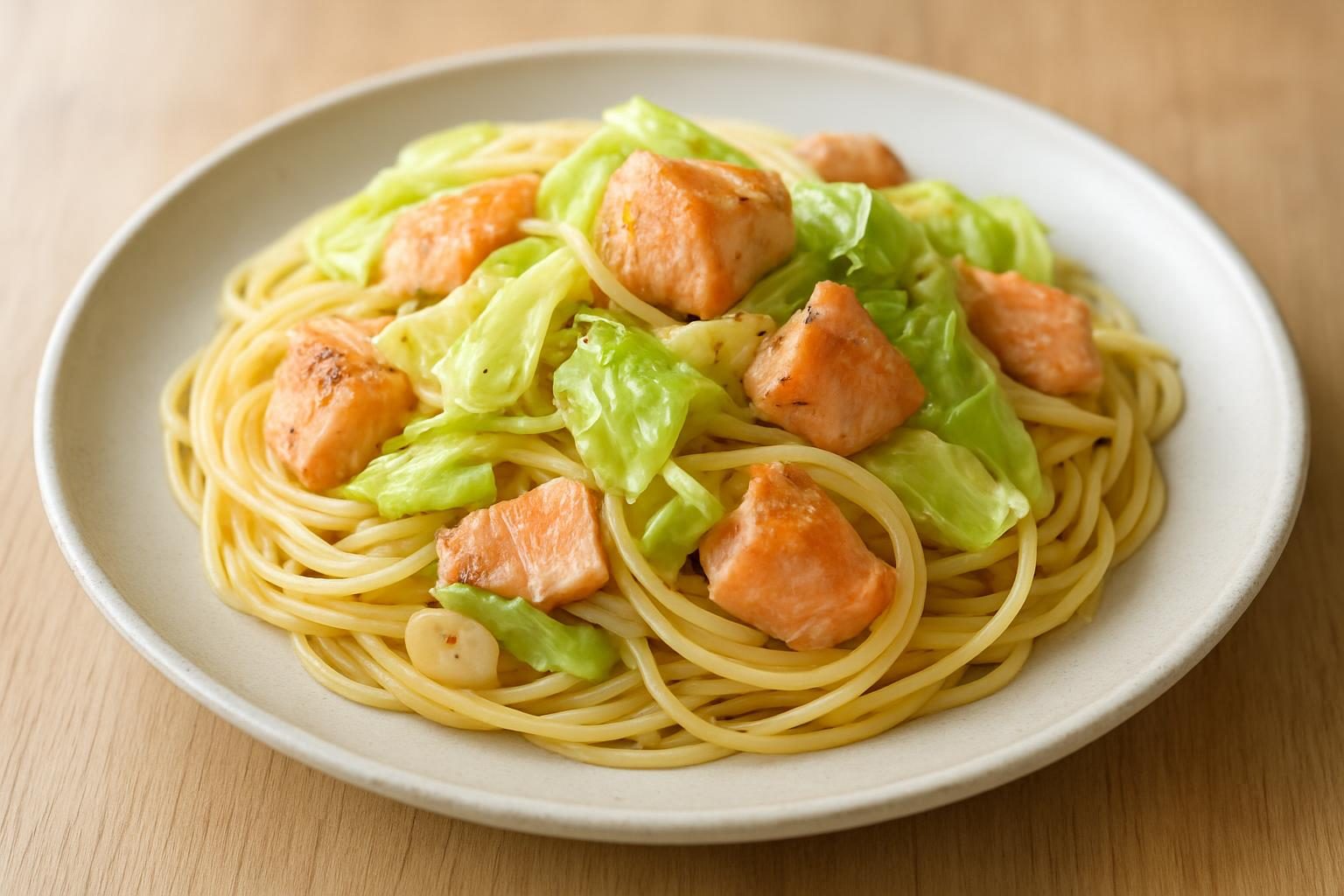 キャベツと鮭のパスタ