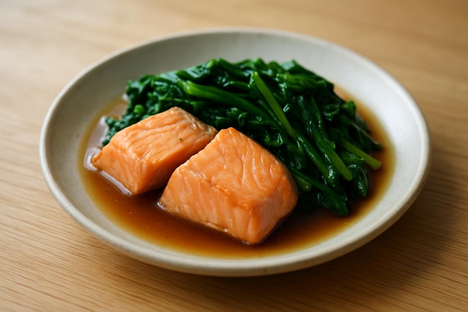 ほうれん草と鮭のレンジめんつゆ煮
