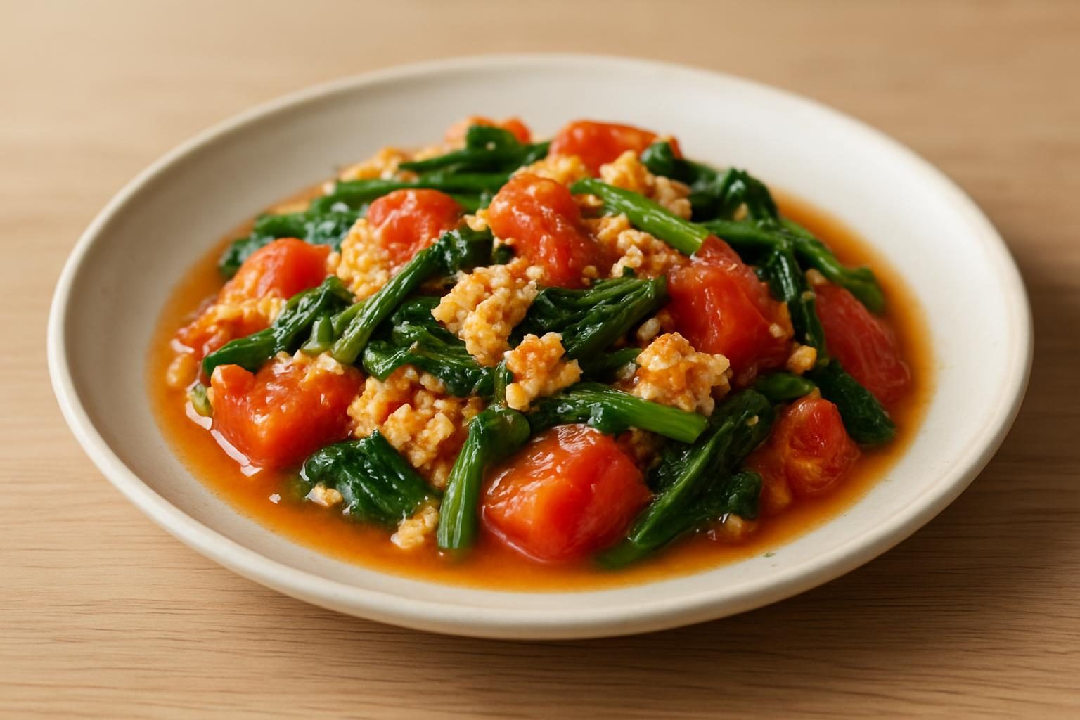 小松菜と卵のレンジトマト煮