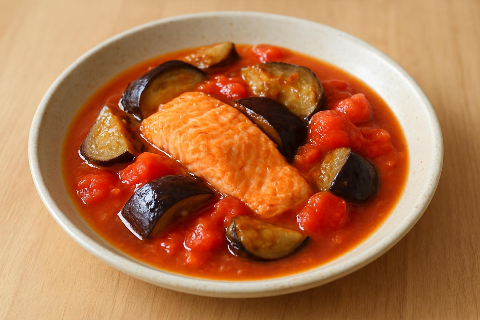 なすと鮭のレンジトマト煮