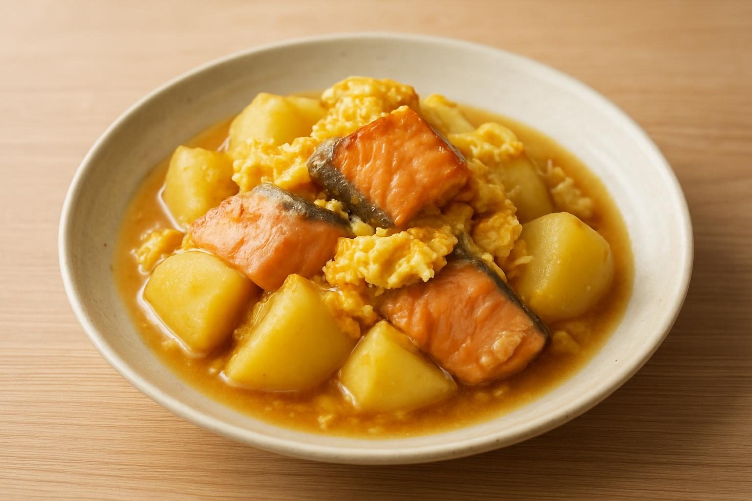 じゃがいもと鮭のレンジ卵とじ