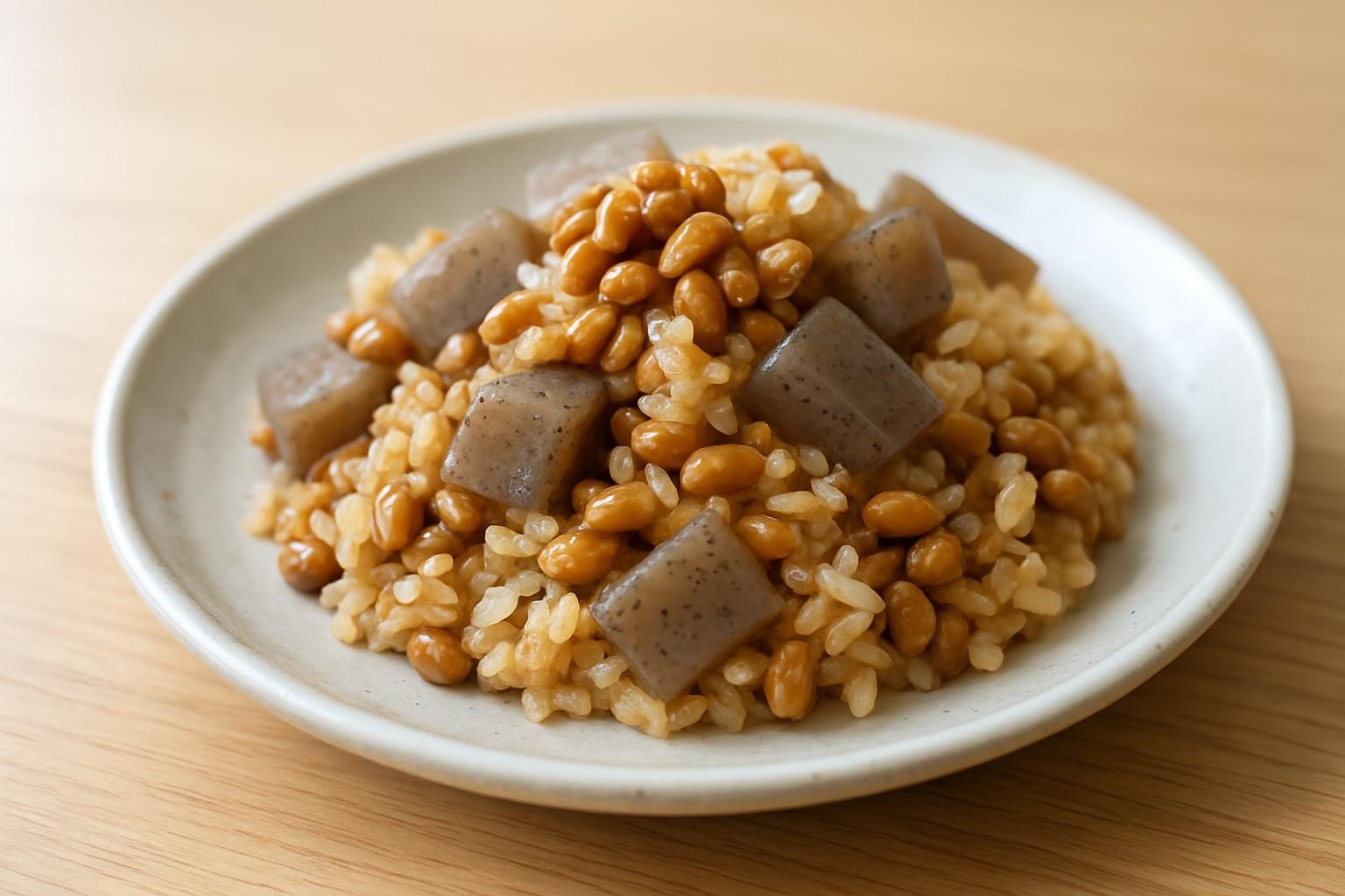 こんにゃくと納豆の炊き込みご飯