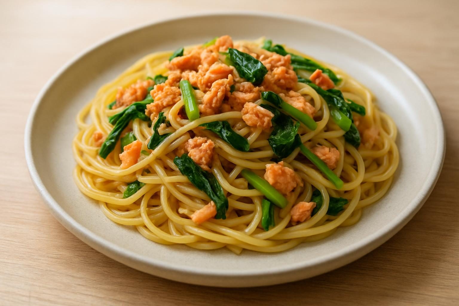 鮭フレークと小松菜のパスタ