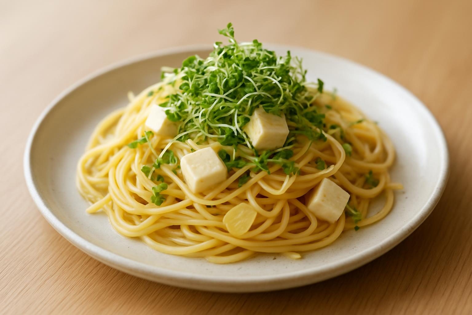 ブロッコリースプラウトと豆腐のパスタ
