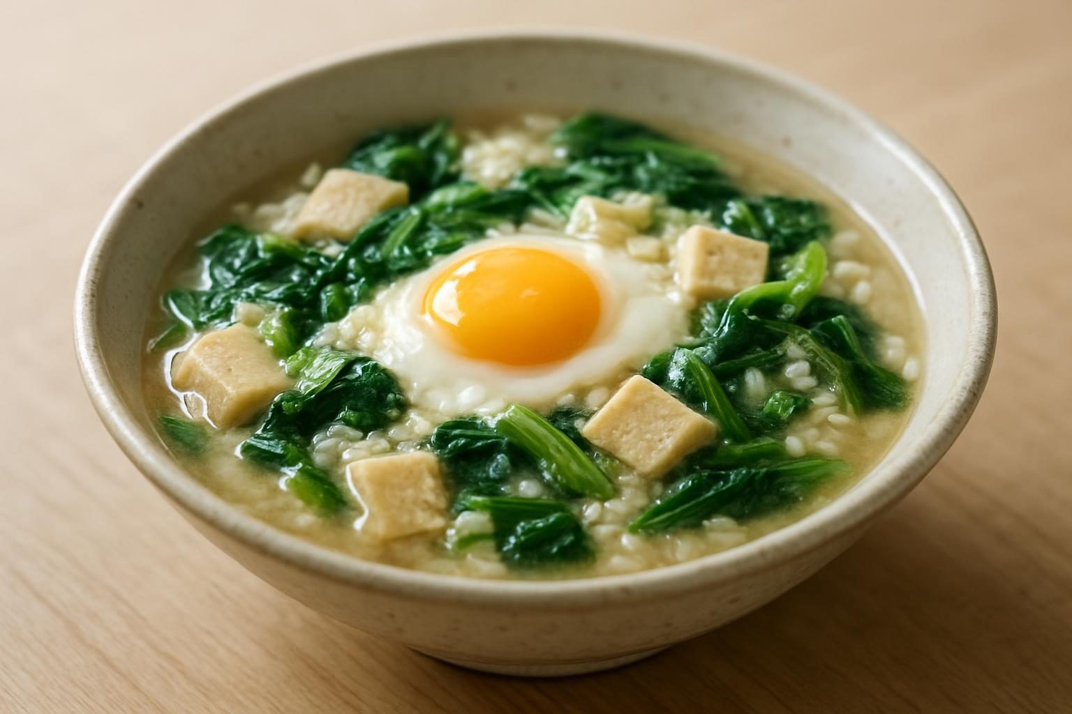 つるむらさきと高野豆腐の雑炊