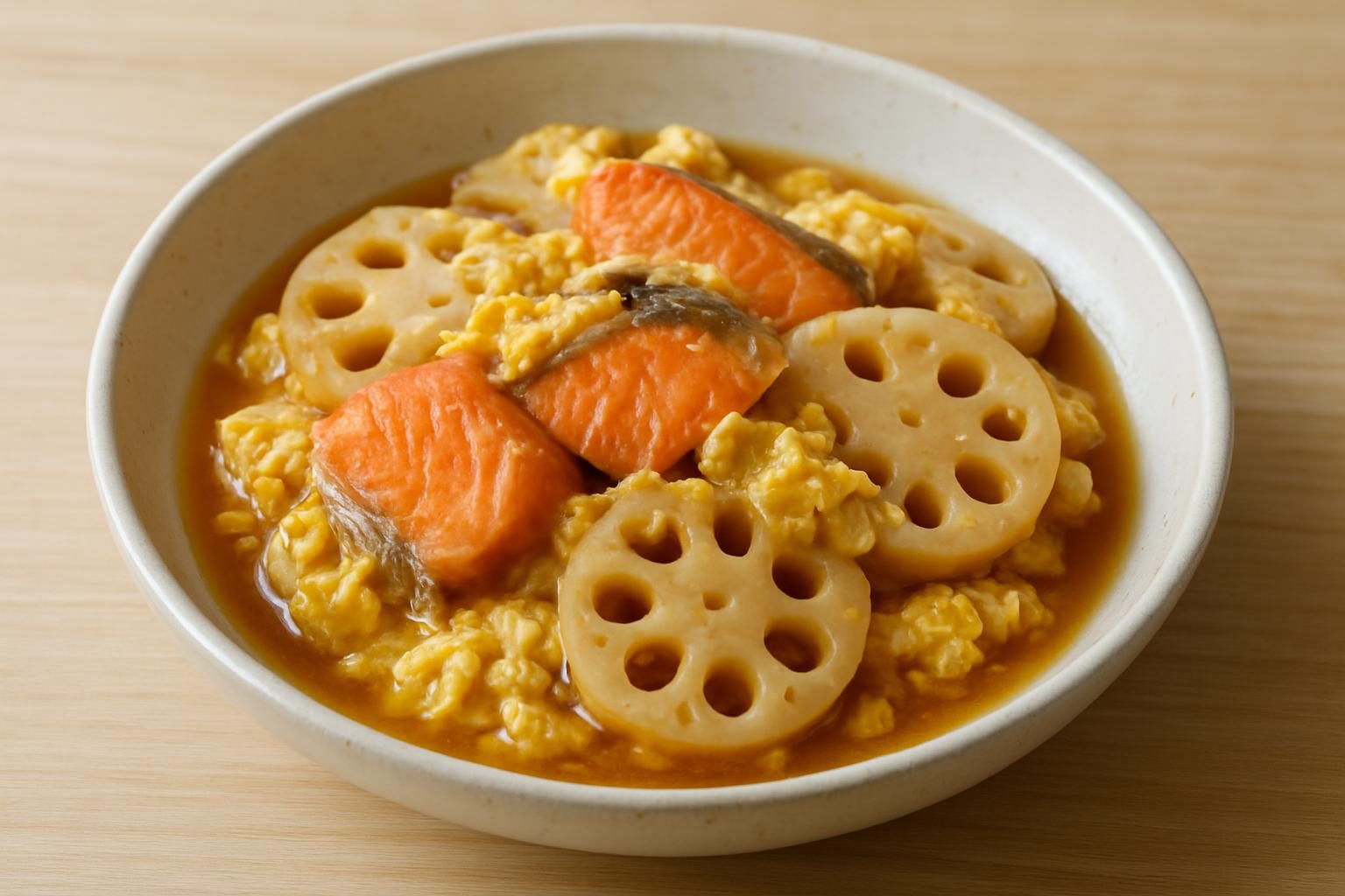 れんこんと鮭の卵とじ